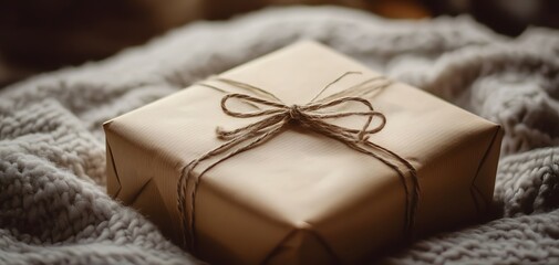 Cozy gift package wrapped in brown paper sits on a soft blanket, perfect for any occasion or celebration.