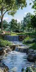 Fototapeta premium Beautiful Landscaping with a Cascading Waterfall