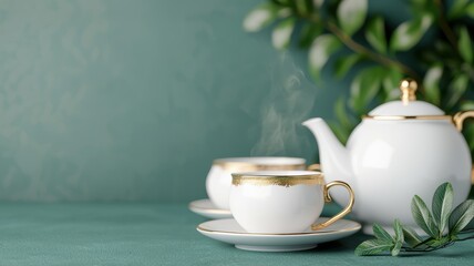 Elegant Tea Setup with Gold Accents on Green Background
