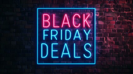Obraz premium Multicolor Neon 'BLACK FRIDAY DEALS' Sign on a Brick Wall