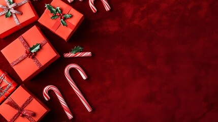 Red gift boxes, festive ribbons, and candy canes scattered on a red velvet background, flat lay, holiday celebrations, Christmas gift wrapping