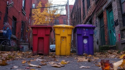 Three brightly painted trash bins standing in an alley, flanked by old industrial buildings and a few scattered leaves.