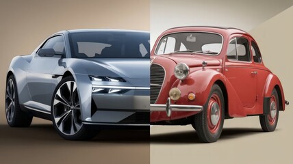 Obraz premium Side-by-side comparison of a new modern car and an old vintage car, split 50/50, showcasing technological evolution and design contrast