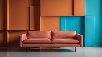 Terra Cotta Sofa Against Orange and Turquoise Paneling Wall in Minimalist Living Room