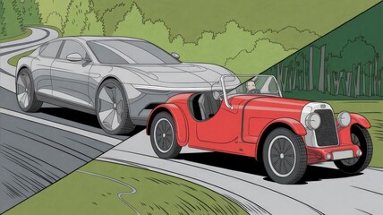 Side-by-side comparison of a new modern car and an old vintage car, split 50/50, showcasing technological evolution and design contrast