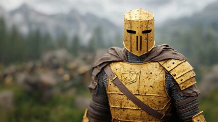 Fototapeta premium Golden Armored Warrior in Majestic Landscape
