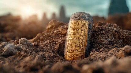 Ancient Gold Artifact with Inscriptions in Desert Sand