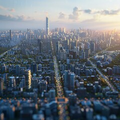 Fototapeta premium Aerial View of a Futuristic Metropolis at Dusk