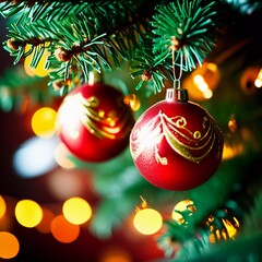 Sparkling ornament balls in vibrant red and gold hang from a lush spruce tree branch. Soft, warm lights twinkle enhancing festive spirit of Christmas. Happy New Year. Anamorphic  bokeh. Generative AI