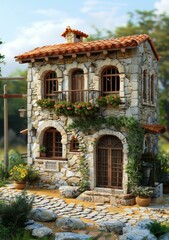 Fototapeta premium Charming Stone Cottage Exterior Illustration
