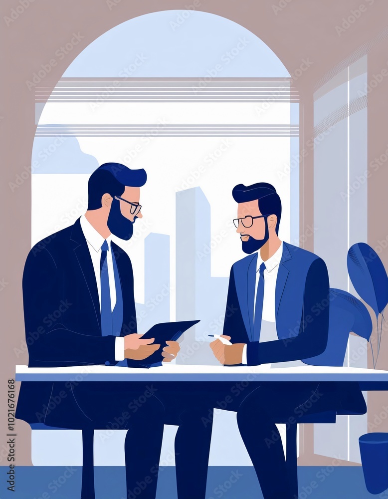 Wall mural two businessmen having a meeting in an office with a big window