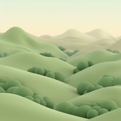 Green hills landscape with bushes in a foggy weather