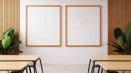 Fototapeta premium Modern Classroom with Gold Frames and Green Plants
