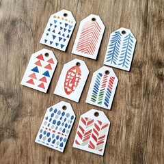 Fototapeta premium Colorful patterned tags arranged neatly on a wooden surface, showcasing various geometric designs.