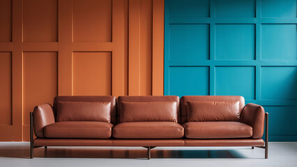 Terra Cotta Sofa Against Orange and Turquoise Paneling Wall in Minimalist Living Room
