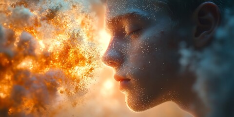 A man's face is illuminated by a fiery explosion in this digital art portrait.