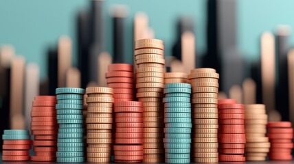 Vibrant Cityscape with Stacked Coins