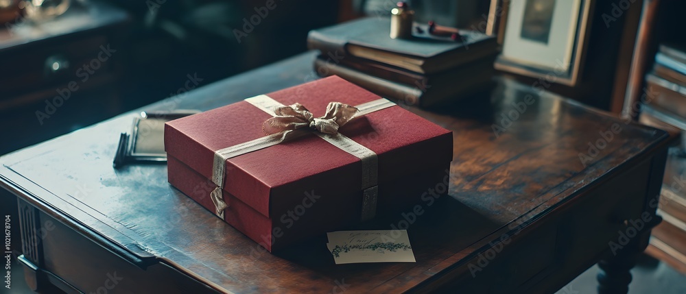 Wall mural a beautifully wrapped red gift box placed on a wooden table, surrounded by vintage decor and books, 