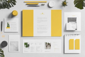 a yellow and white stationery set on top of a table
