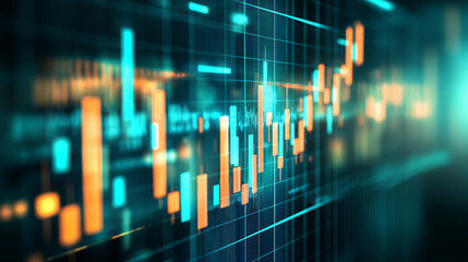 Futuristic financial interface with glowing color elements. Dynamic stock market chart featuring candlestick patterns on a grid background. High-tech data visualization for investment analysis.