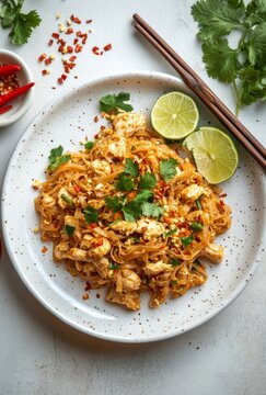 Delicious plate of pad thai with chicken, lime wedges, and herbs served on a white background