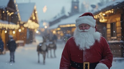 Santa Claus in a snowy village, surrounded by festive lights and decorations during Christmas celebrations