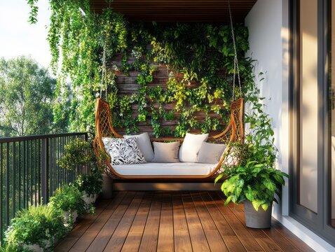 A balcony with wooden floors and tropical hanging plants creates a natural relaxation spot 