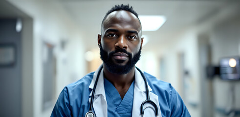 Black Doctor Man With Stethoscope In Hospital