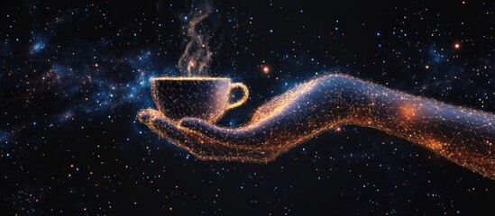 Abstract image of a hand holding coffee in the form of a starry sky or space, consisting of points, lines