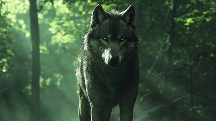   A wolf in the forest, bathed in sunlight, surrounded by trees