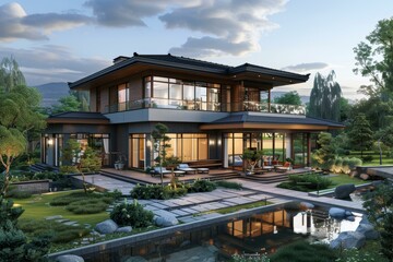 Obraz premium Modern Japanese Style House with Garden