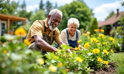 Elderly Black Man And White Woman Gardening