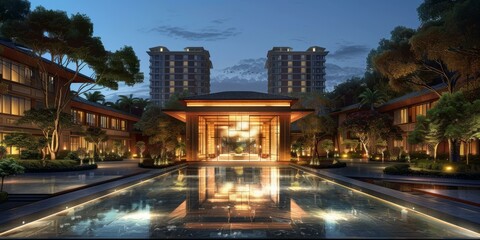 Naklejka premium Luxury Resort Entrance at Night