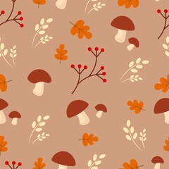 Seamless autumn pattern with mushrooms and leaves on a beige background