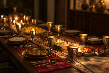 Festive set table, silverware, expensive look, restaurant. Christmas or Thanksgiving table with delicious food