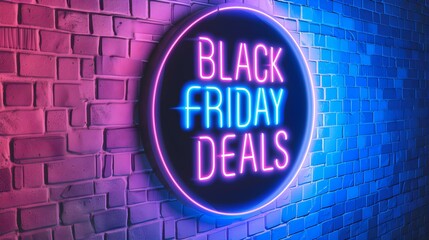 Fototapeta premium Multicolor Neon 'BLACK FRIDAY DEALS' Sign on a Brick Wall