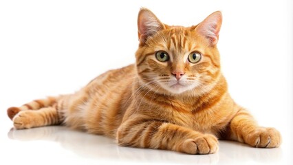 Playful orange tabby cat relaxing on a white background during a sunny afternoon. Generative AI