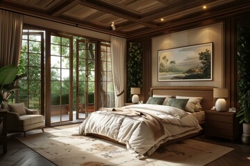 Wooden Bedroom with Lush Garden View Illustration