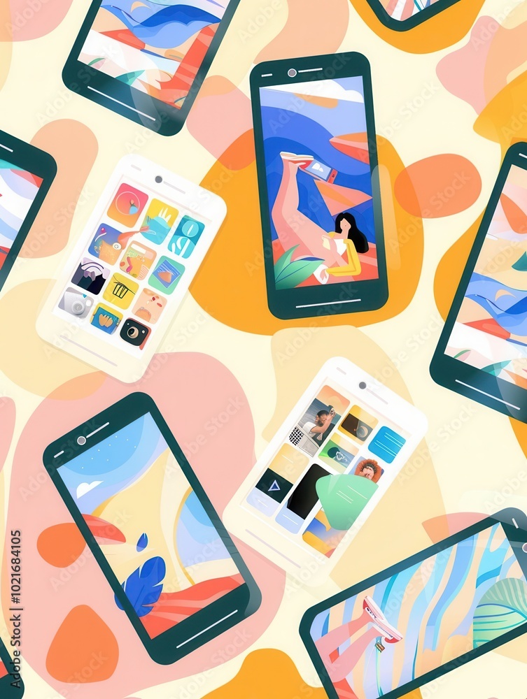 Poster Multiple smartphones showcase engaging stories and short clips against a cheerful, artistic background, inviting connection and creativity. Generative AI
