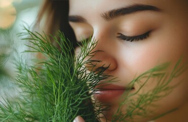 Naklejka premium A young woman enjoying nature with fresh herbs, radiating joy in warm natural light