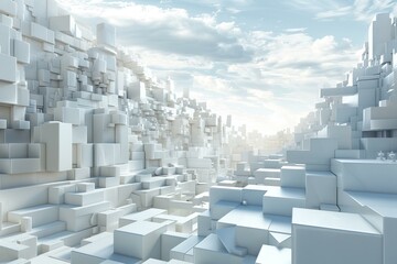 Futuristic cityscape with skyscrapers made of white cubes