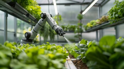 A robot arm is watering plants in a greenhouse
