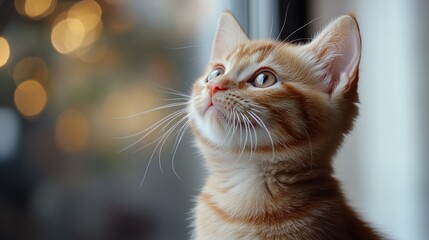 Fototapeta premium A ginger kitten with blue eyes looks up inquisitively, with bokeh lights in the background.
