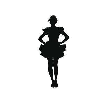A silhouette of a woman wearing a dress with a ruffled skirt, standing with her hands on her hips 