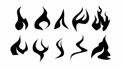Set of abstract shapes of fire elements, black and white illustration hand drawn. Isolated on white background. Vector