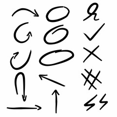 Set of doodles arrows, circles, hash marks, check marks. Isolated on white background, vector illustration
