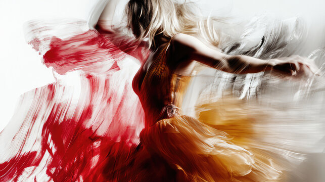 A fluid and dynamic abstract representation of a dancer in motion, radiating vibrant colors of red and orange, illustrating passion, energy, and movement.