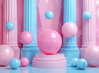 Pastel Pink and Blue Columns and Floating Spheres Abstract Illustration