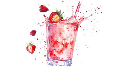 A refreshing strawberry cocktail splashes energetically in a clear glass, capturing the essence of summer freshness and fruitiness in watercolor artistry.
