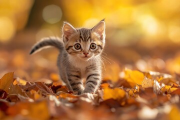 Playful Kitten Exploring Autumn Leaves